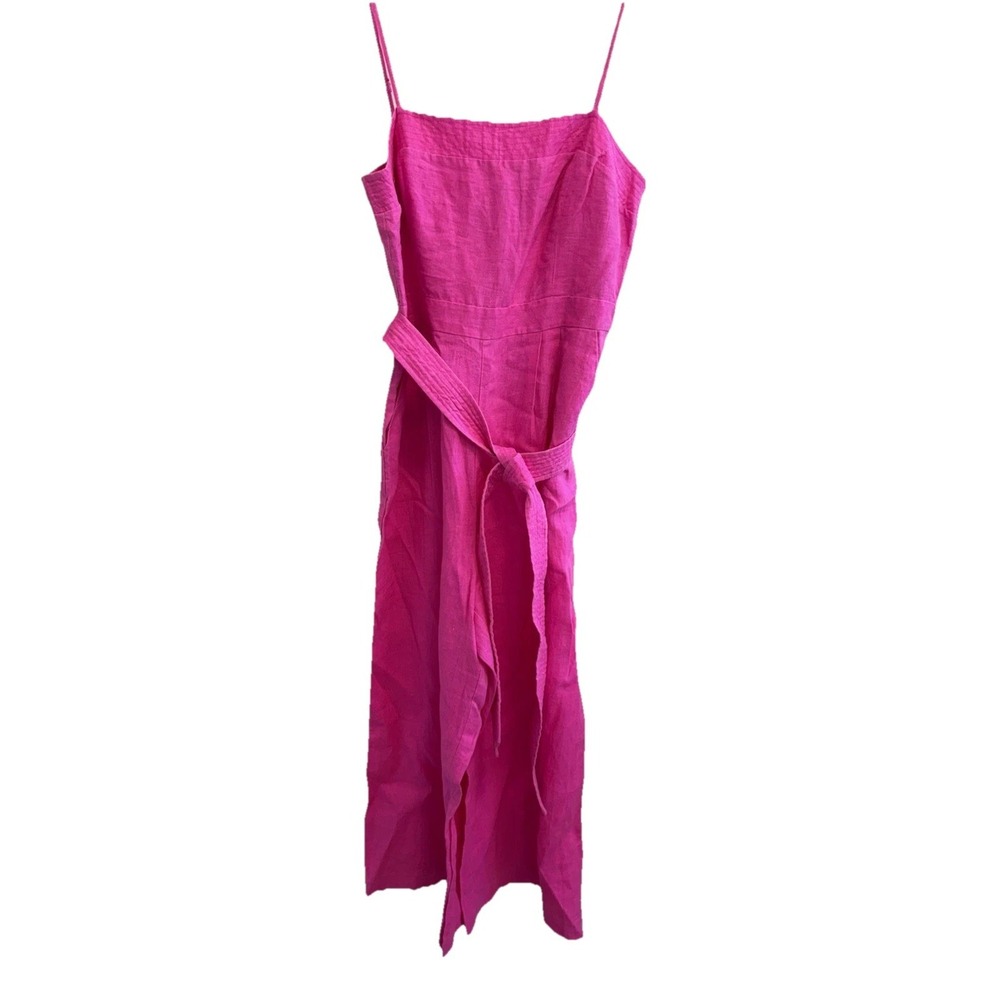 J Crew Linen Jumpsuit Women's Size 10 Pink Wide Leg Tie Waist Spaghetti Strap
